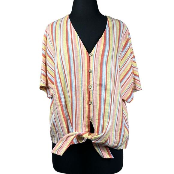 Cynthia Rowley Striped Linen Blend Tie Knot Front Blouse Top Multi Color Sz L * - Picture 1 of 15